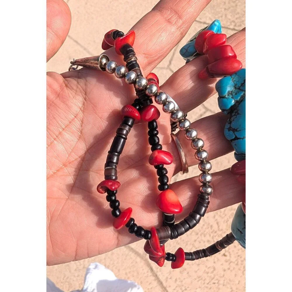Vtg Turquoise & Red Coral Necklace Native American Style Silver Tone Handmade